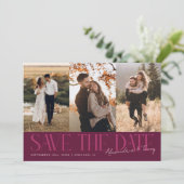 Modern Multi Photo Couple's Signature Cranberry Save The Date (Staand voorkant)