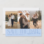 Modern Multi Photo Couple's Signature Icy Blue Save The Date (Voorkant)