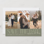 Modern Multi Photo Couple's Signature Sage Green Save The Date (Voorkant)