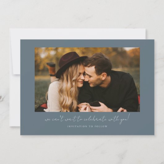 Modern Multi Photo Couple's Signature Slate Blue Save The Date (Achterkant)