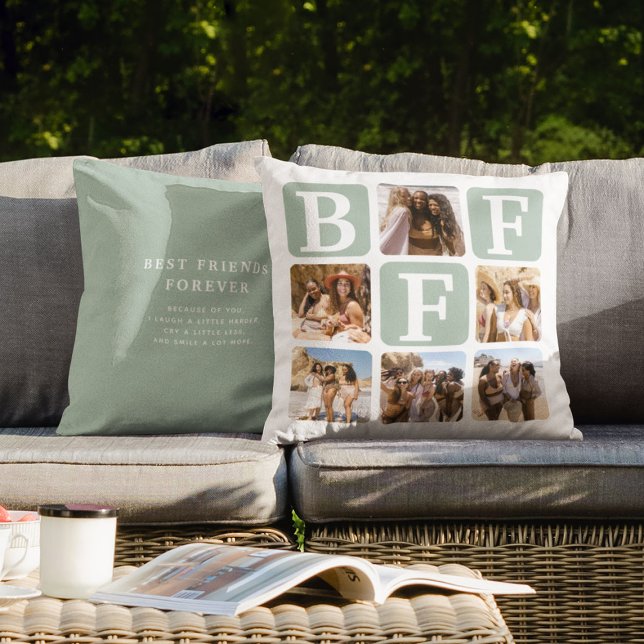 Modern Multi Photo Grid BFF Quote blauwgroen Kussen (Creator heeft geüpload)