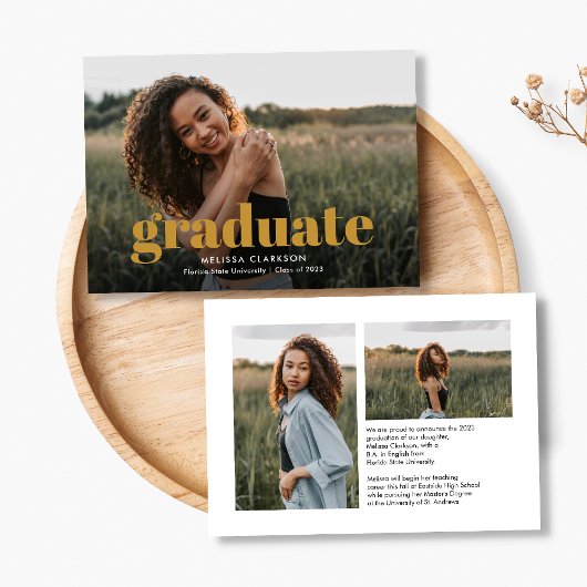 Modern Mustard Script met drie Afstuderen foto's Aankondiging