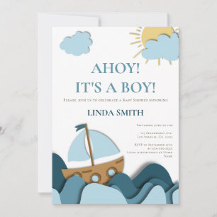 Modern Nautical Blue Boat Baby shower Kaart