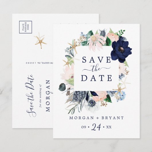 Modern Nautical | Floral Save the Date Briefkaart (Voorkant / Achterkant)