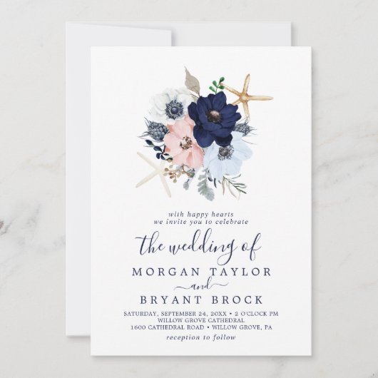 Modern Nautical | Floral Striped Wedding Kaart (Voorkant)