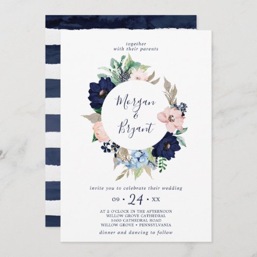 Modern Nautical | Floral Wreath Wedding Kaart (Voorkant / Achterkant)