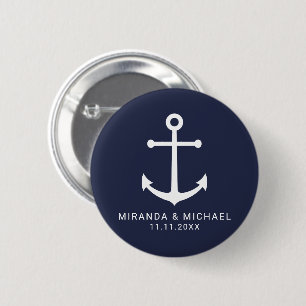 Modern Nautical Navy Blue Anchor Wedding Favor Ronde Button 5,7 Cm