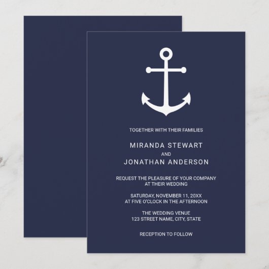 Modern Nautical Navy Blue Anchor Wedding Kaart (Voorkant / Achterkant)