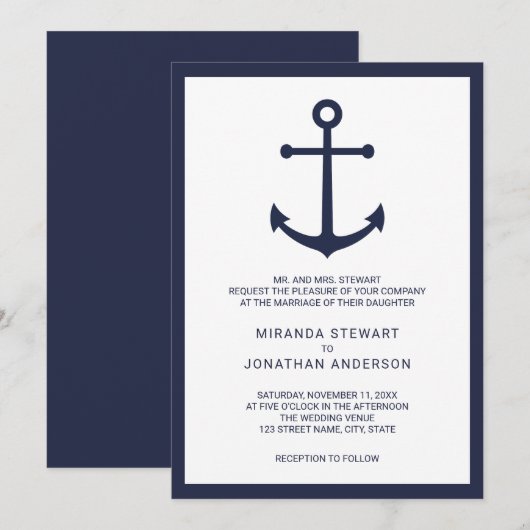 Modern Nautical Navy Blue Anchor Wedding Kaart (Voorkant / Achterkant)