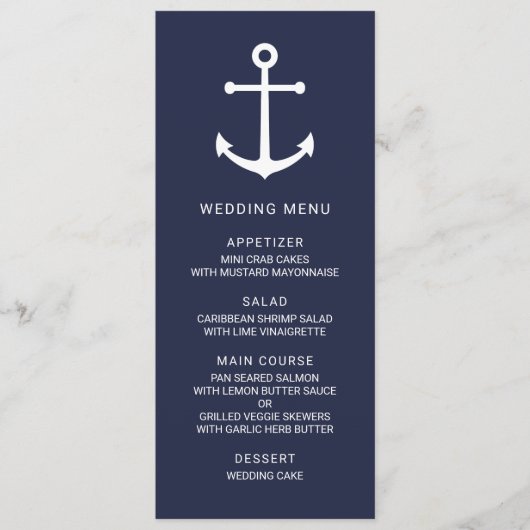 Modern Nautical Navy Blue Anker Bruiloft Menu (Voorkant)