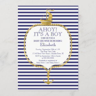 Modern Nautical Stripe Gold Anker Baby shower Kaart