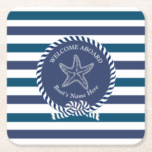 Modern Nautical Stripe Turquoise Navy Blue White Vierkante Kartonnen Onderzetter