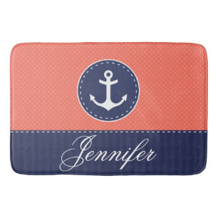Modern nautisch koraal blauw anker gepersonaliseer badmat
