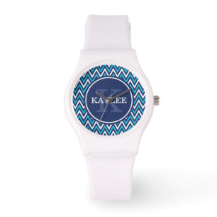 Modern Navy Aqua Blue Chevron en Monogram Horloge