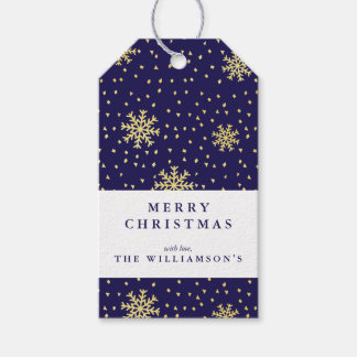 Modern Navy Blauw en Goud Sneeuwvlok Kerstmis Cadeaulabel