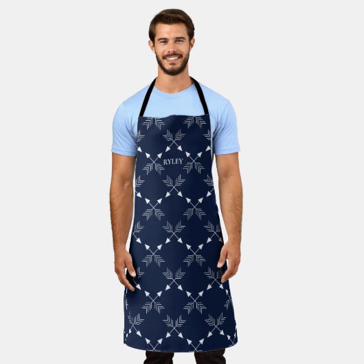Modern Navy blauw en wit pijlpatroon Monogram Schort (Gedragen)