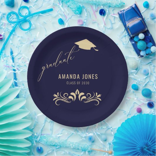 Modern Navy Blauw Goud Afstudeerder Pet Afstuderen Papieren Bordje (Feest)