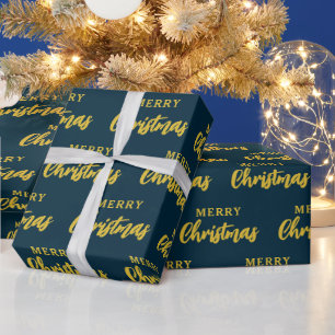 Modern Navy Blauw Goud Vrolijk Kerstmis Script Cadeaupapier