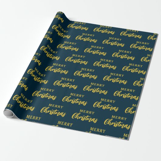 Modern Navy Blauw Goud Vrolijk Kerstmis Script Cadeaupapier (Uitgerold)