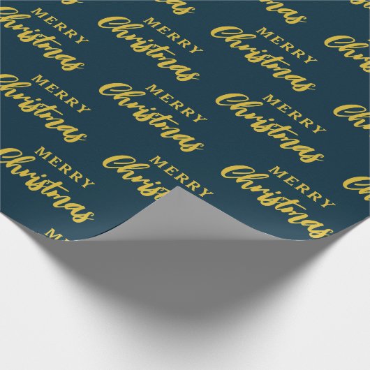 Modern Navy Blauw Goud Vrolijk Kerstmis Script Cadeaupapier (Hoek)
