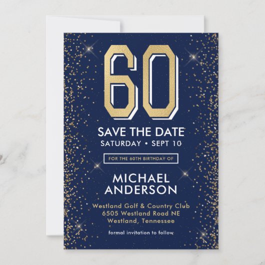 Modern Navy Blue 60e verjaardag Save The Date (Voorkant)