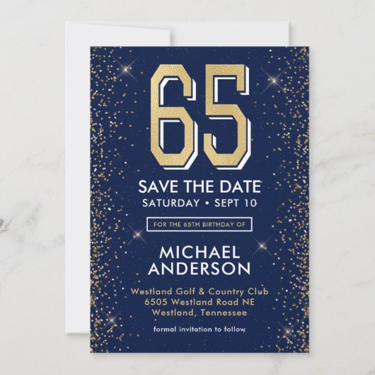 Modern Navy Blue 65e verjaardag Save The Date (Voorkant)