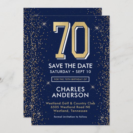 Modern Navy Blue 70e verjaardag Save The Date (Voorkant / Achterkant)