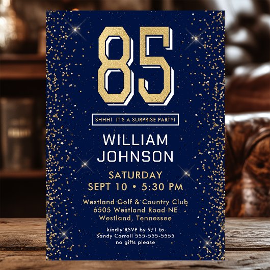 Modern Navy Blue 85th Birthday Surprise Party Kaart