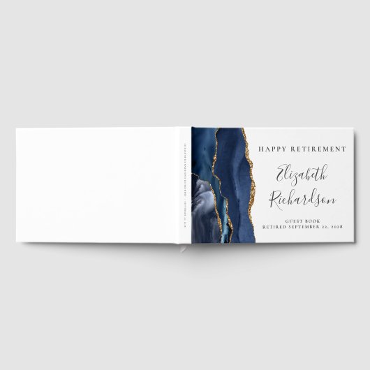 Modern Navy Blue Agate Gold Script Pensioen Gastenboek (Volledig)