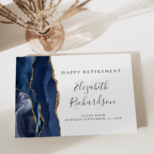 Modern Navy Blue Agate Gold Script Pensioen Gastenboek