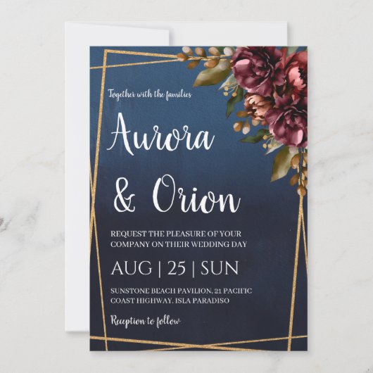 modern navy blue and burgundy wedding invitations (Devant)