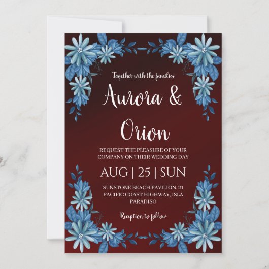 modern navy blue and burgundy wedding invitations (Devant)