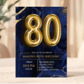 Modern Navy Blue and Gold 80th Birthday Invitation