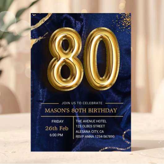 Modern Navy Blue and Gold 80th Birthday Invitation