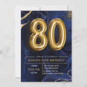 Modern Navy Blue and Gold 80th Birthday Invitation (Devant)