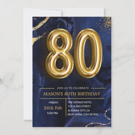 Modern Navy Blue and Gold 80th Birthday Invitation Kaart (Voorkant)