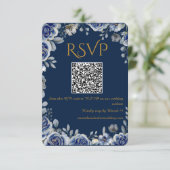 Modern Navy Blue and Gold QR Code Wedding RSVP Car (Debout devant)