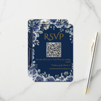 Modern Navy Blue and Gold QR Code Wedding RSVP Car Kaartje