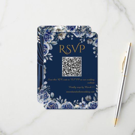 Modern Navy Blue and Gold QR Code Wedding RSVP Car Kaartje (Voorkant / Achterkant in situ)