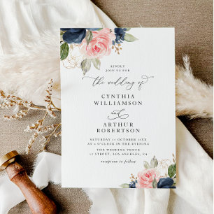 Modern Navy Blue & Blush waterverf Bloemen bruilof Kaart