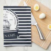 Modern Navy Blue Boat Name Persoonlijk Theedoek (Quarter Fold)