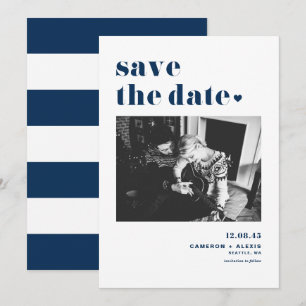 Modern Navy Blue Bold Typografie met hartfoto Save The Date