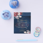 Modern Navy Blue Burgundy Floral Lace Wedding Flyer (Enkel)