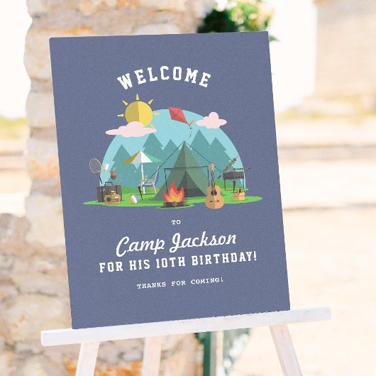 Modern Navy Blue Camping Verjaardagsfeest Welkom Poster