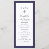 Modern Navy Blue Cross Boy First Communion Menu (Voorkant)