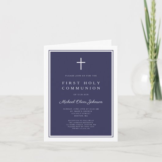 Modern Navy Blue Cross Boy First Holy Communion (Voorkant)