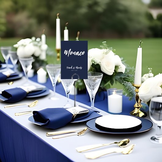 Modern Navy Blue Custom Wedding Table Name Kaart