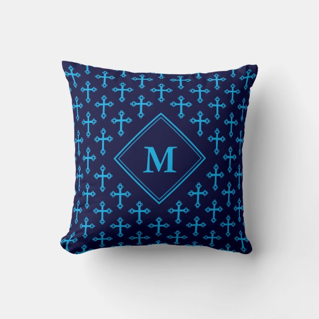 Modern Navy Blue Cyan CROSS Monogram Kussen (Voorkant)