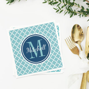 Modern Navy Blue en Aqua Quatrefoil Monogram Servet