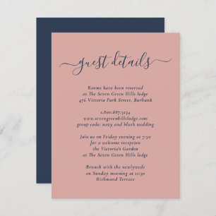 Modern Navy Blue en Blush Wedding Informatiekaartje